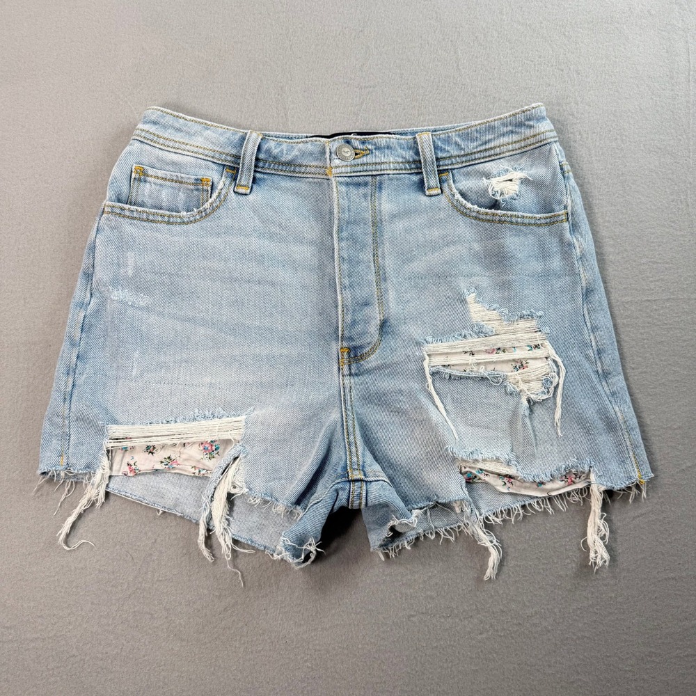 Hollister Mom Jean Shorts 5 W27 Light Blue Distressed Floral Y2K Cottagecore